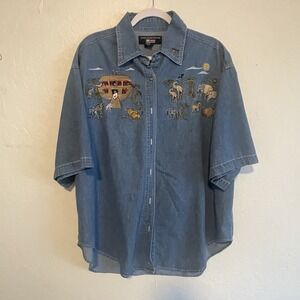 Vintage Denim Shirt Top Noah's Ark Lets Quizz Again Women's Sz 20 Embroidered